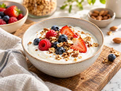 Yogur natural con frutos rojos, granola y frutos secos